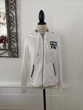PINK Victoria's Secret White Zip-Up Hoodie with Black Logo